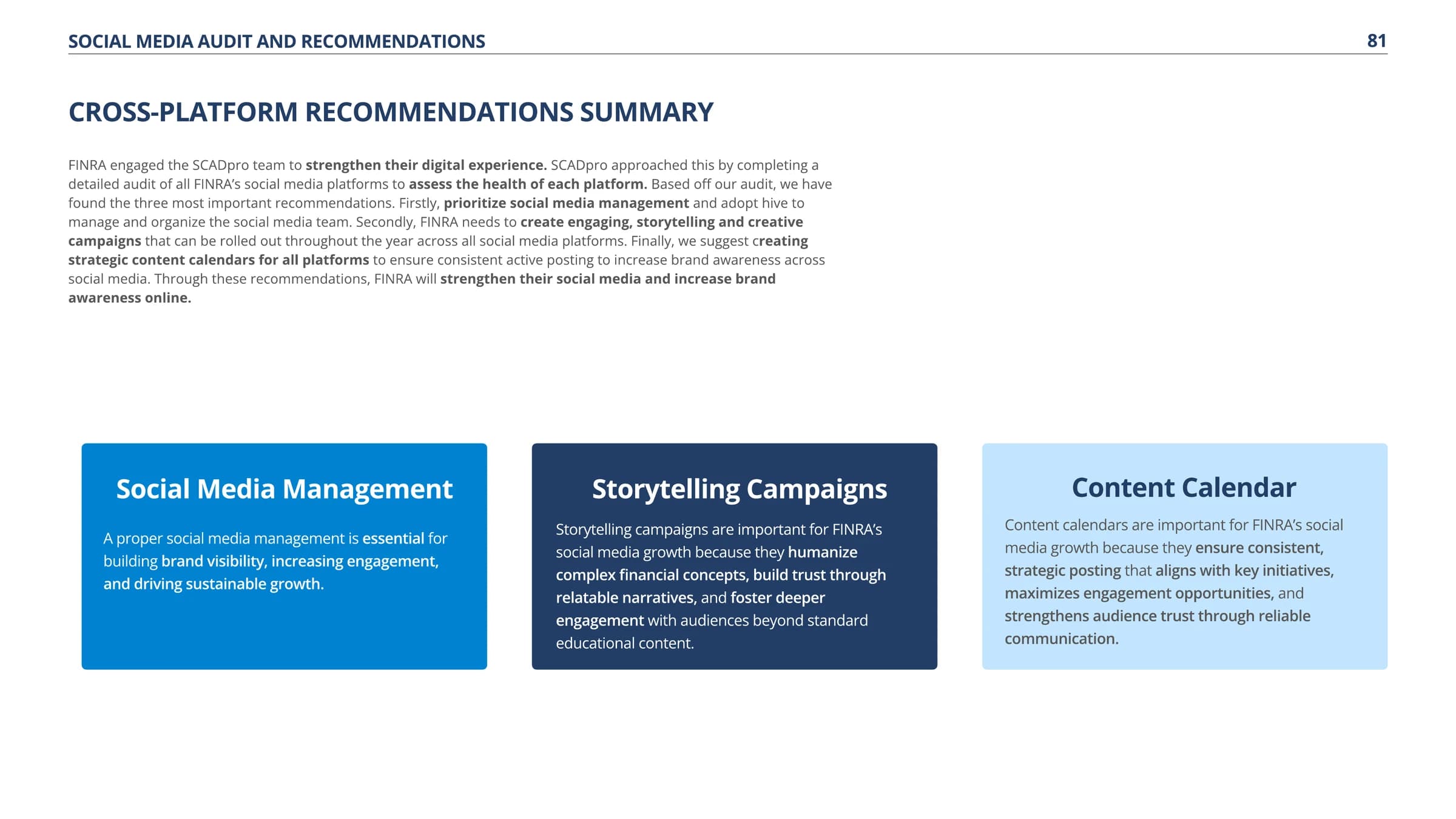 Cross-platform social media recommendations summary: social media management, storytelling campaigns, content calendar