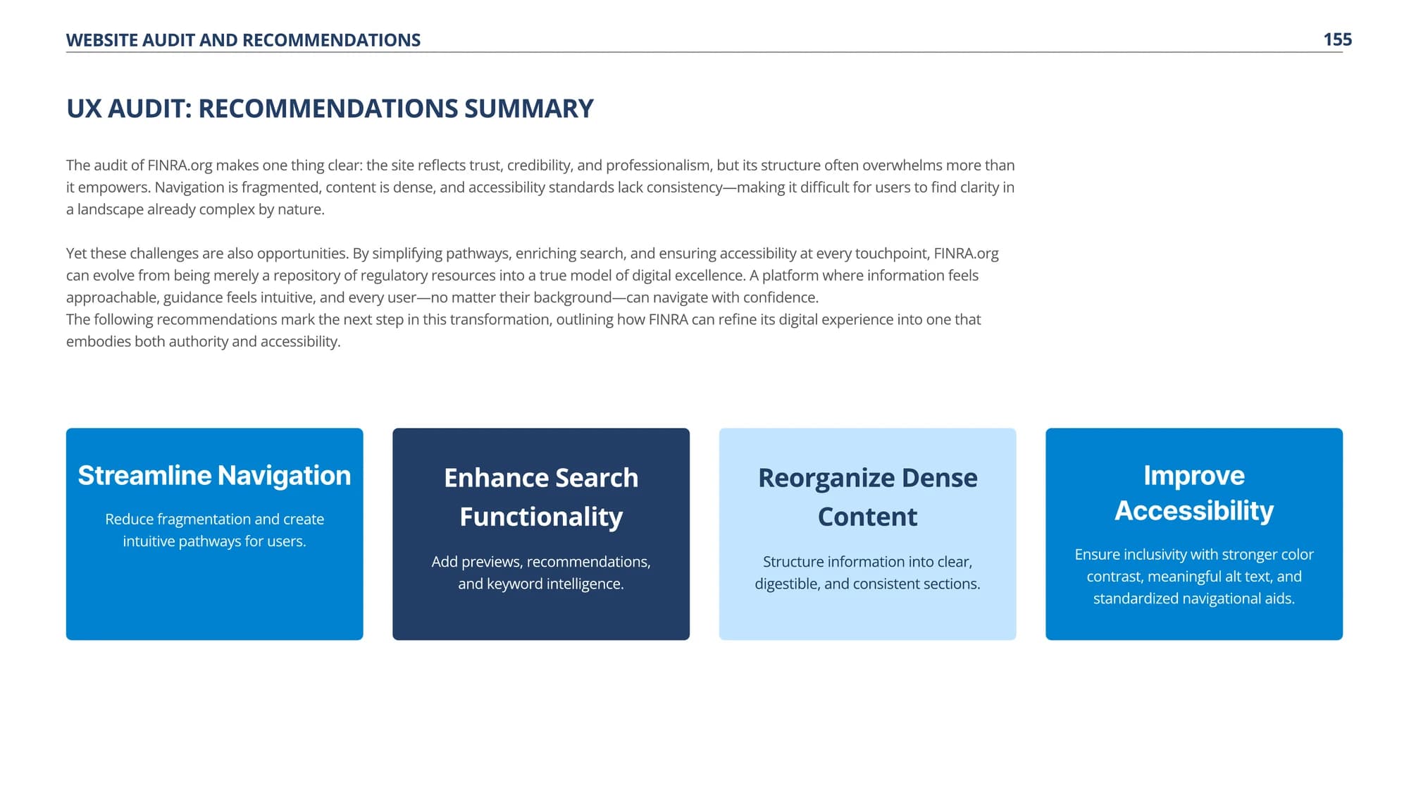 UX audit recommendations summary page, including the accessibility recommendation
