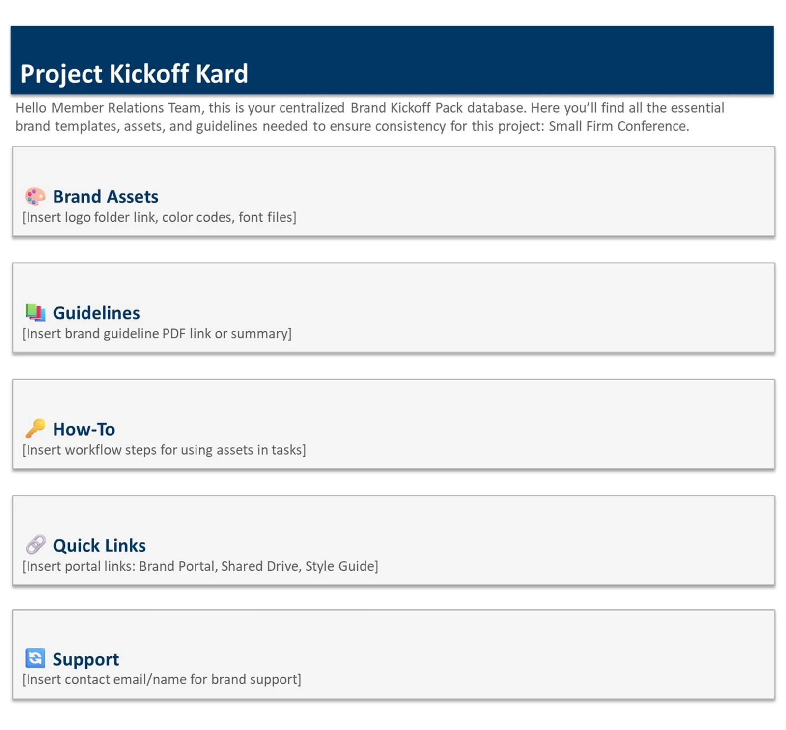 Project Kickoff Kard mockup: a titled card listing brand assets, guidelines, how-to, quick links and support