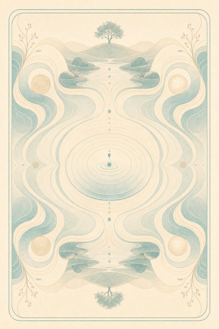 Moonlit Garden tarot card artwork, valley and still water